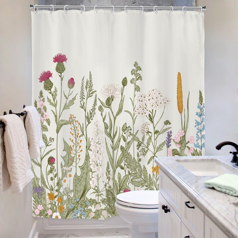 Riyidecor Fabric Green Leaves Shower Curtain for Bathroom Decor 60Wx72H Inch Floral Flower Botanical Wildflower Decorative Bath Set Plant Herbs Bathroom Accessories Polyester Waterproof 12 Pack Hooks - Image 3